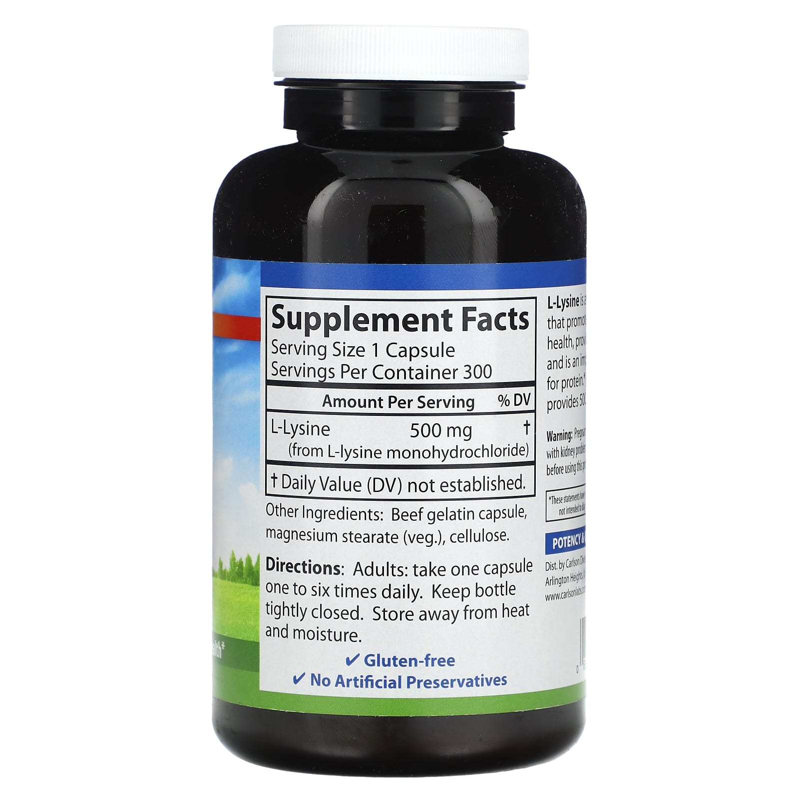Carlson Labs, L-Lysine, 300 Capsules UPC 088395068836 | HiLife Vitamins